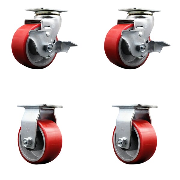 4 Inch Red Poly on Cast Iron Caster Set with Ball Bearings 2 Brakes 2 Rigid